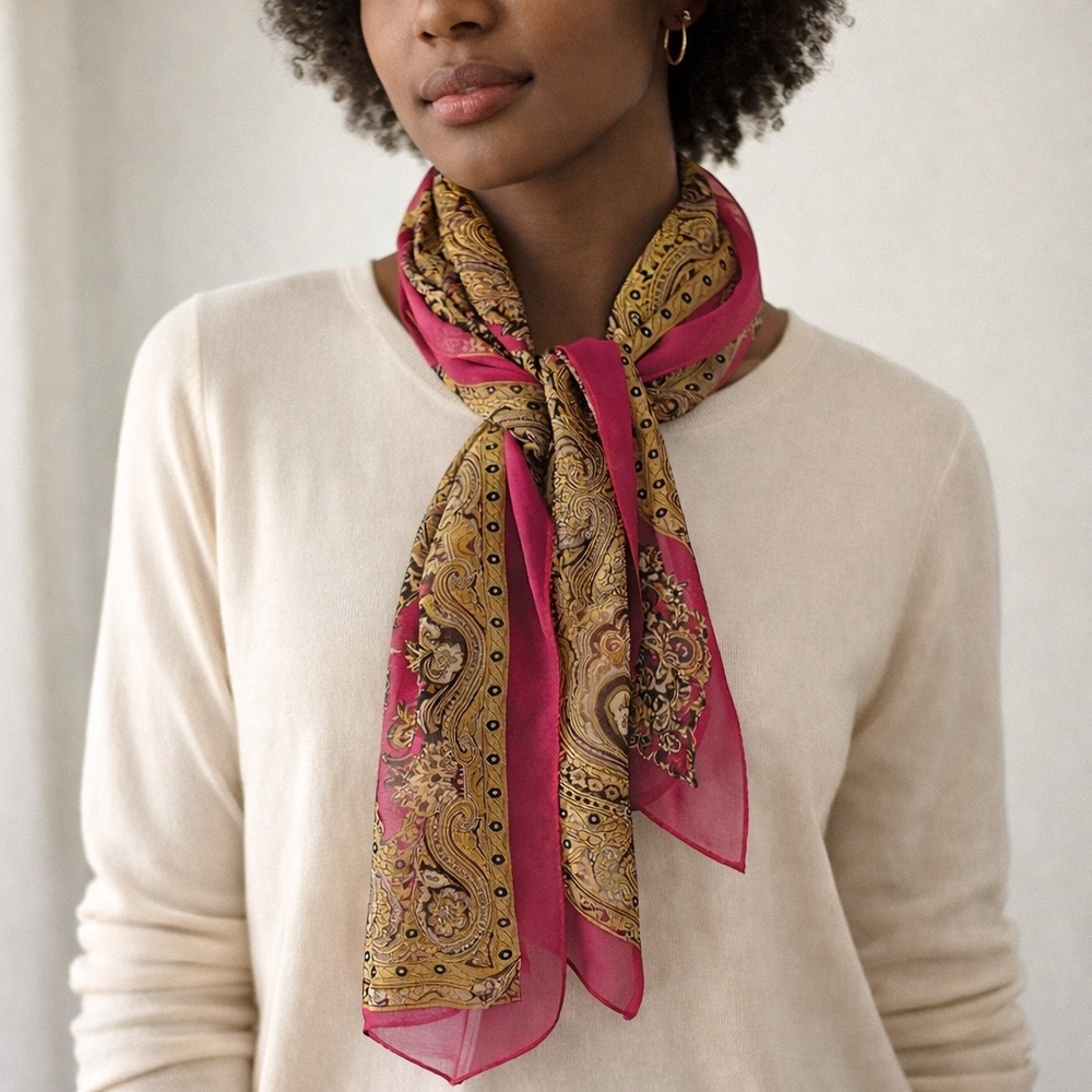 Silk Blend Paisley Scarf Pink Gold Sheer Boho Wrap